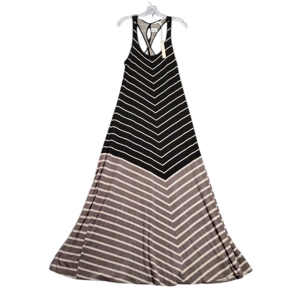 🆕 LAUREN CONRAD LC Black Striped Maxi Sleeveless Cross Back Dress Size M